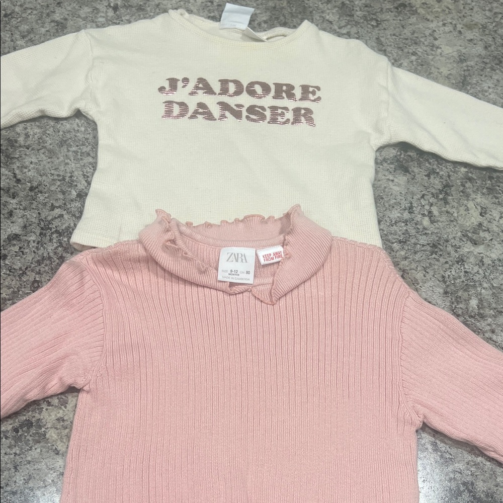 Zara Kids Pink Ribbed and Cream Graphic Tops - Picture 1 of 5
